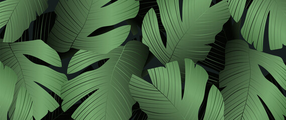 Fototapeta premium Green Tropical palm background vector. line art pattern design for painting, Covering greetings cards, cover, print, fabrics. Vector illustration