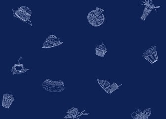 blue background with fast food food and sweets