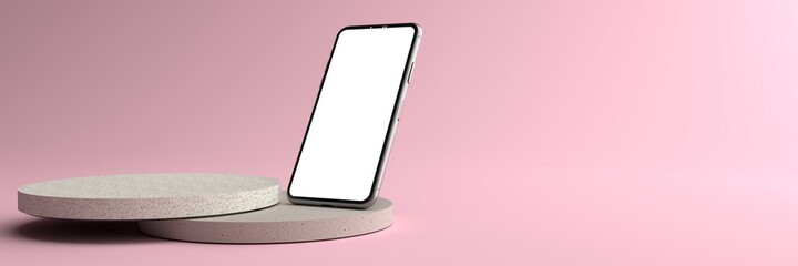 The Smartphone white screen on Round white Stone Pedestal, Mobile phone mockup tilted to the ground. Pedestal can be used for commercial advertising, Isolated on Minimal pink background,3D rendering