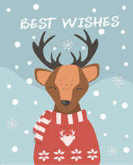 vector illustration card for christmas or new year with hand drawn cute deer on a background of snowflakes