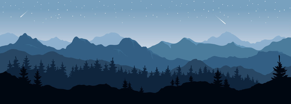 Abstract landscape with mountains and forest. Vector illustrations. Starlight night.	