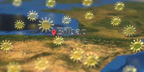 Sunny weather icons near Bilbao city on the map, weather forecast related 3D rendering