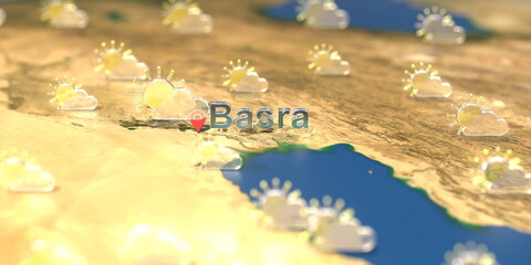 Partly cloudy weather icons near Basra city on the map, weather forecast related 3D rendering