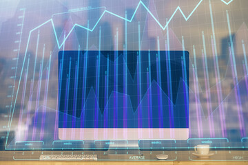 Forex market chart hologram and personal computer background. Multi exposure. Concept of investment.