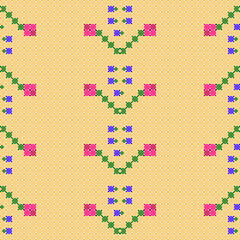 Flower folk print on cross-stich effect pattern and seamless vector