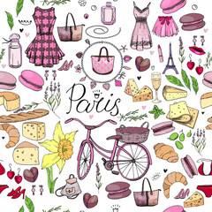 Seamless pattern made of different symbols related to France, travelling and Paris. Red and brown color. Endless texture for fashion and travel design,elements on white