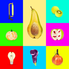 Mood. Concept of alternative look of usual things. Bright artworks on multicolored backgrounds. Negative space to insert your text. Modern design. Contemporary colorful and bright art collage.