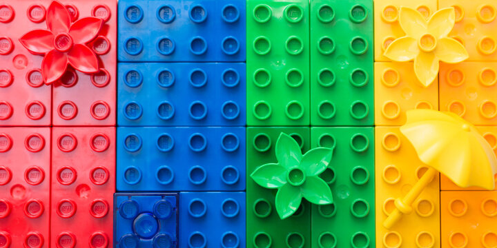 Minsk, Belarus - March, 2018. Lego Duplo cubes background. Multicolored. Concept. Popular toys. For child to build and construct, play. Free space for text, inscription.