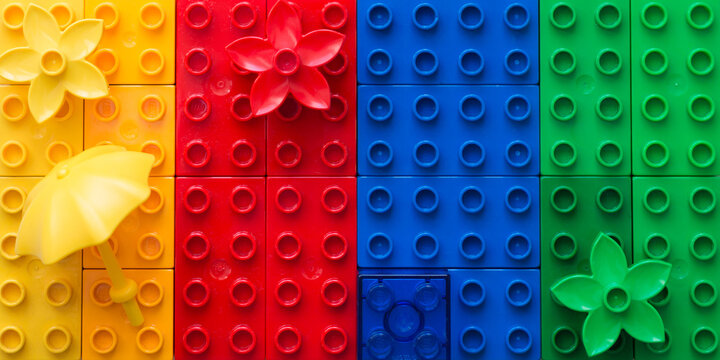 Minsk, Belarus - March, 2018. Lego Duplo cubes background. Multicolored. Concept. Popular toys. For child to build and construct, play. Free space for text, inscription.