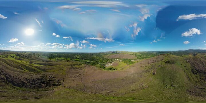 Summer tropical landscape. Green hills and mountains with tropical vegetation and blue sky with clouds. Bohol, Philippines. 360 panorama VR.