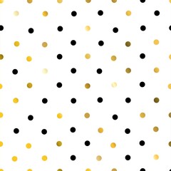 Gold glittering polka dot seamless pattern on white background.