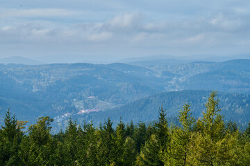 Panorama of Krkonose mountains and Harrachov from Certova Hora