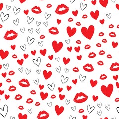 Seamless pattern with a lipstick kiss prints on white background. Vector background