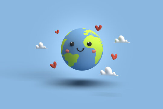 Illustration 3D d'une planète en bonne santé qui est souriante. Sur fond isolé bleu. concept de la vie, nature, bonheur, d'une terre saine, de l'espoir