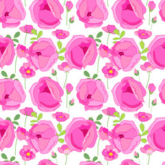 Seamless spring pattern with stylized cute pink roses. Endless texture for your design, greeting cards, announcements, posters.