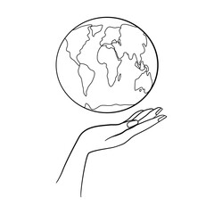 Vector hand drawn Earth day concept sketch. Human hands holding globe with background of stars. Lettering Earth day