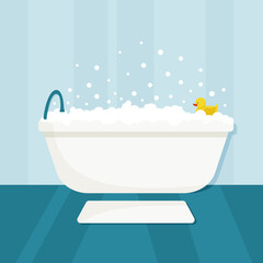 Bubble bath with yellow rubber duck. Bathtub and mat in bathroom. Vector flat illustration