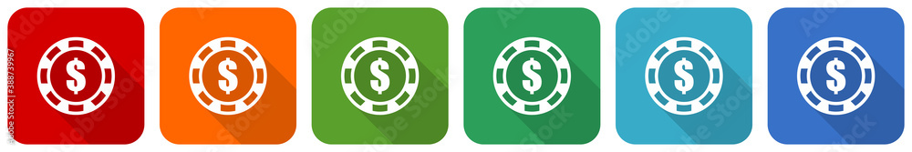 Poster Casino chip icon set, flat design vector illustration in 6 colors options for webdesign and mobile applications