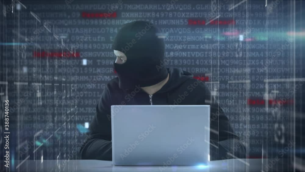 Poster network of connections, data processing on computer servers over male hacker using laptop