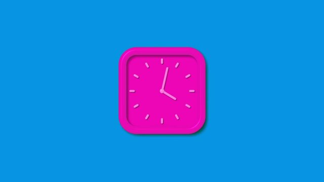 New pink color square 3d wall clock isolated on aqua background, 12 hours 3d wall clock