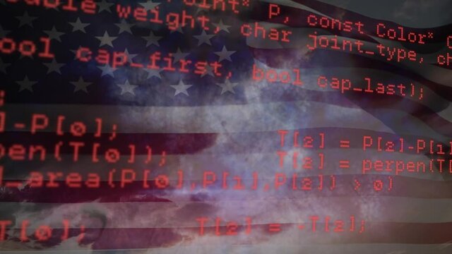 Glowing red computer data processing over American flag waving over clouds in sky in the background