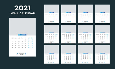 2021 wall calendar design. Set of 12 months. Week starts Monday.Ready for print.