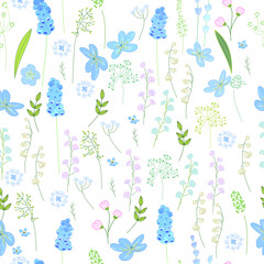 Seamless pattern with spring blue flowers. Easter endless texture