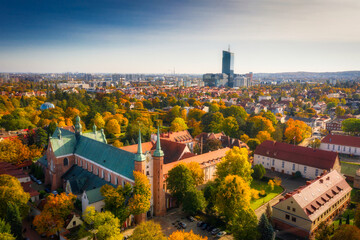 Basilica of Gdansk Oliwa in the autumnal scenery. Poland