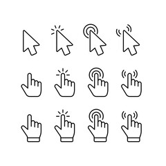 Pointer click icon. Clicking cursor, pointing hand clicks icons vector collection. Line style