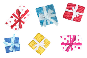 Watercolor christmas gifts set isolated on white background