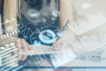 Technology theme hologram over woman's hands taking notes background. Concept of Tech. Double exposure
