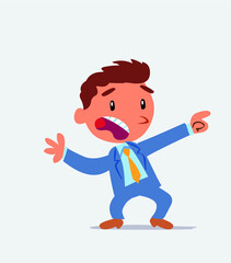  Scared cartoon character of businessman points to the side