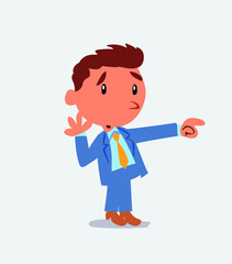 Surprised cartoon character of businessman points to something to his side