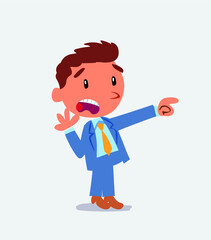 Surprised cartoon character of businessman pointing at something
