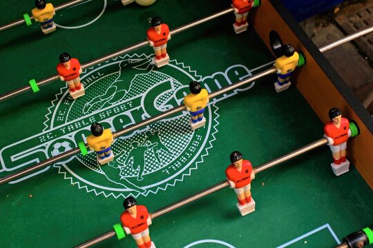 Close up of table soccer vintage toy at street market in Athens, Greece, December 2 2018.