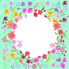 Greeting card with wreath of different flowers