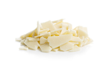 Grated white chocolate. Chocolate flakes isolated on white background.