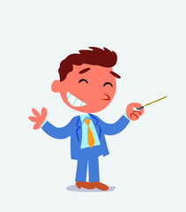 cartoon character of businessman says something funny while pointing to the side with a pointer