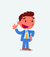  cartoon character of businessman waving happily.