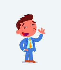 cartoon character of businessman waving informally while smiling