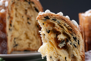 .Artisanal panettone of natural fermentation, with chocolate and chestnuts. Christmas dessert