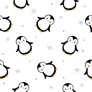 The vector pattern with cartoon cute penguins and snowflakes on white background