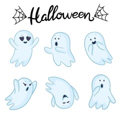 Set of ghosts. Halloween conception. Vector cartoon illustrations. Isolated objects on a white background. Hand-drawn style.