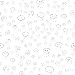 Kawaii funny white clouds set, muzzle with pink cheeks and winking eyes. Seamless pattern on blue background.