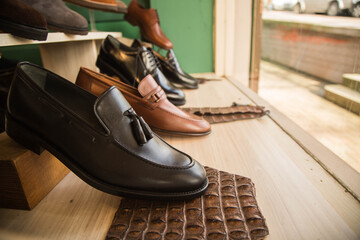 vintage shoes standing in the shoemaker showcase