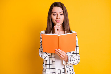 Photo of pretty sweet lady dressed white checkered blazer reading organizer arm chin isolated...