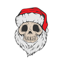 Santa Skull in Christmas hat with hipster beard Line art Tattoo. Santa Claus skeleton for Gothic alternative holiday party, gift for him, shirt for men fashion print, hand drawing. Vector, isolated