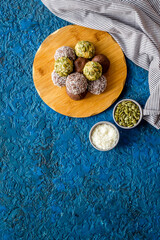 Energy protein balls with ingredients, top view