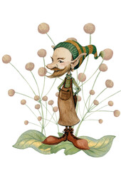 A mixed hand-drawn watercolor illustration of a cute little fairy gnome with a sharp ears in a shoemaker's apron and a funny stripped cap standing among leaves and flowers.