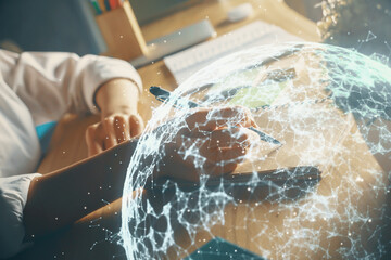 Social network theme hologram over woman's hands writing background. Concept of international people connect. Double exposure